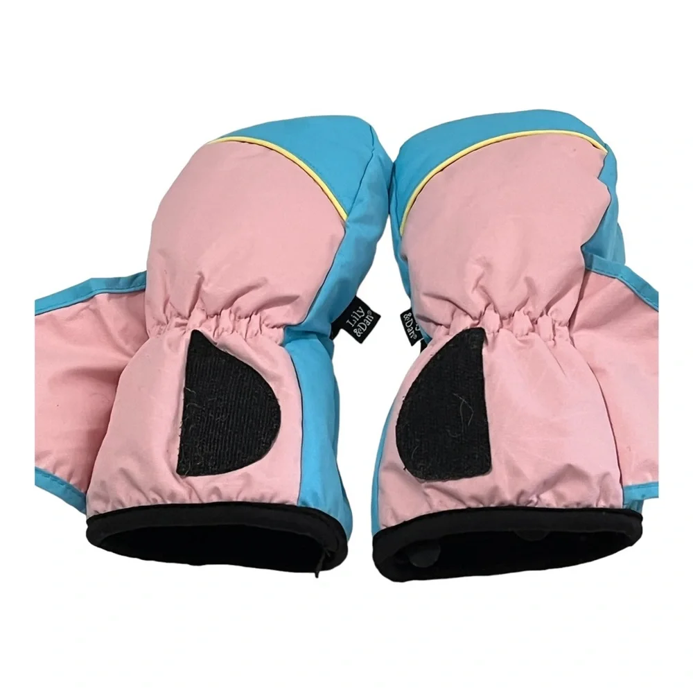 Lily & Dan Girls Mittens Size Large Pink Blue Elastic Wrist Warm Cute Wasable